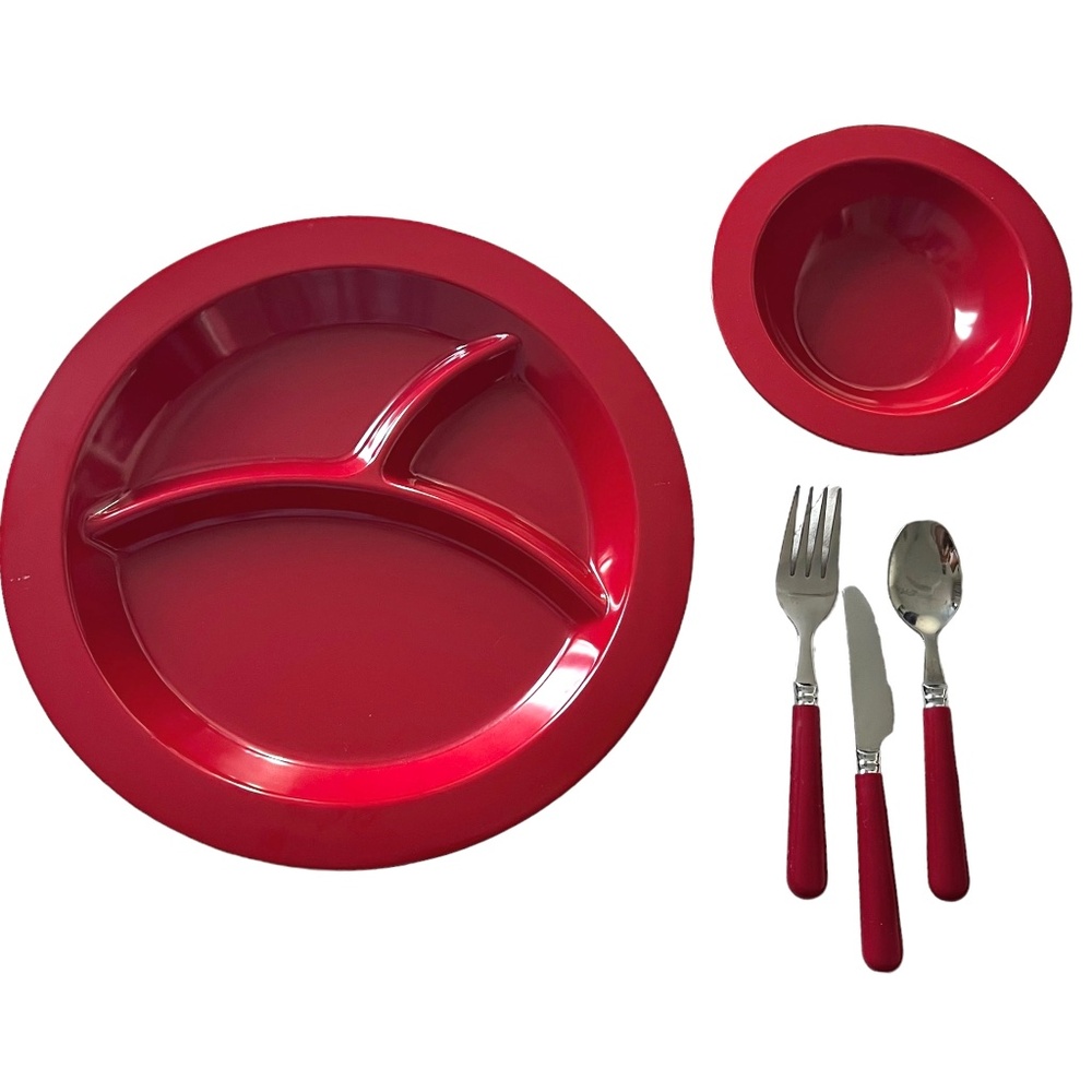 Pottery Barn Kids Red Melamine Plate & Bowl & 3pc Flatware Set